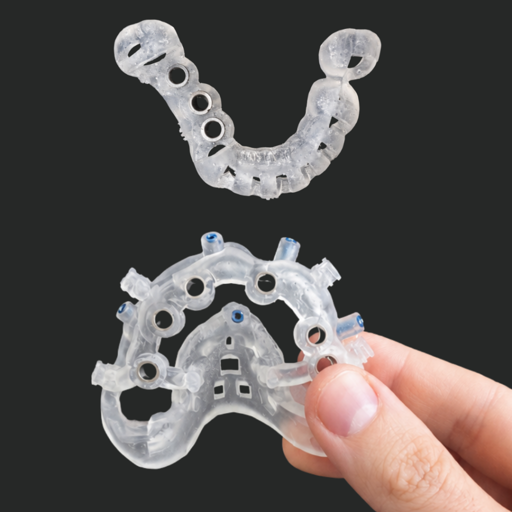 Guías quirúrgicas de implantes dentales impresas en 3D: guía parcial de implantes, guía total y guías apilables All-on-X para rehabilitaciones completas con carga inmediata