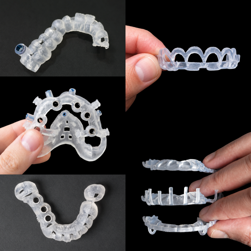 Guías quirúrgicas dentales impresas en 3D: guía de microtornillos de ortodoncia, guía de implantes apilables All-on-X, guía parcial de implantes, guía de alargamiento coronario y guías de control de tallado