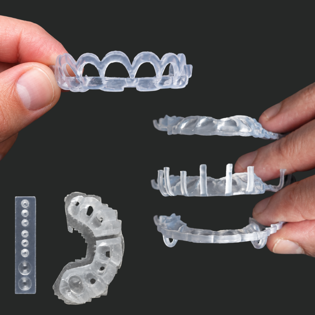 Guías dentales impresas para restauraciones: guías de control de tallado incisal, vestibular e interproximal, guía de alargamiento coronario y guía para composite inyectado o prensado